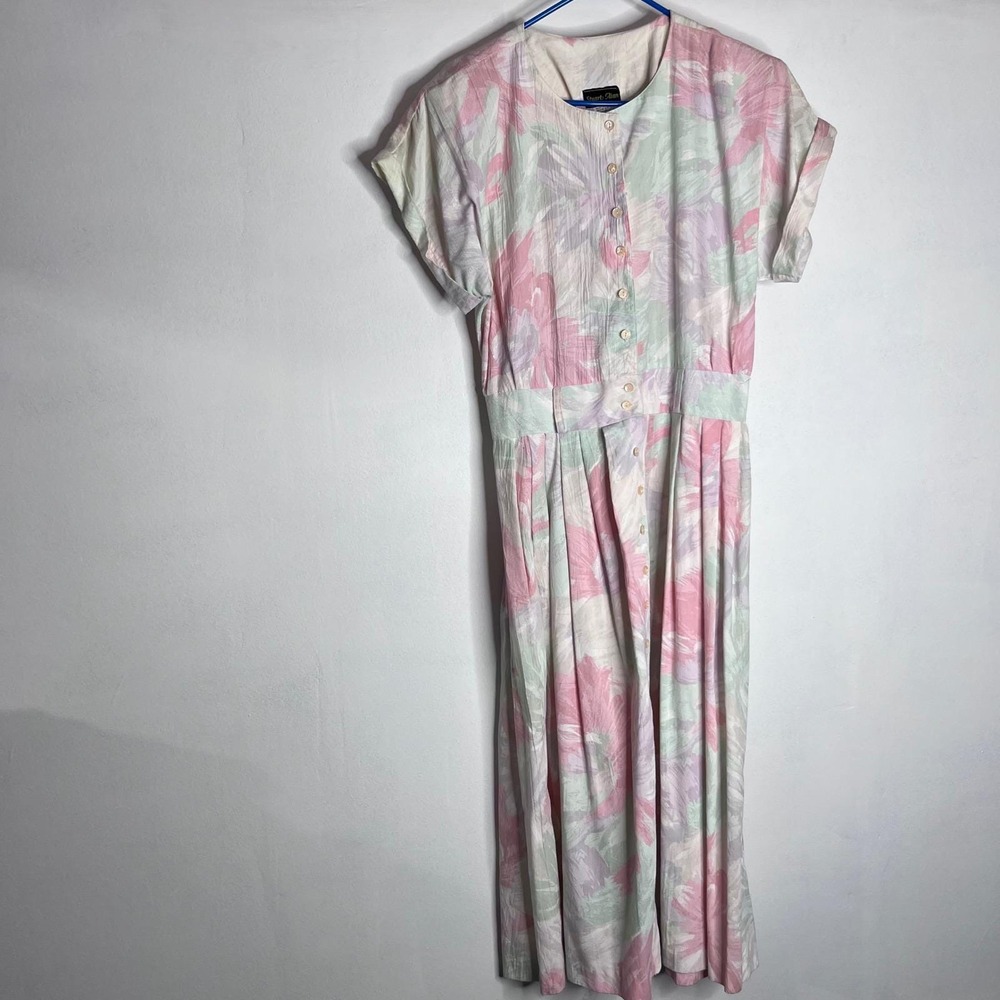 Vintage Stuart Alan Womens Belted Pastel Floral Dress | Size 14 |Office Feminine